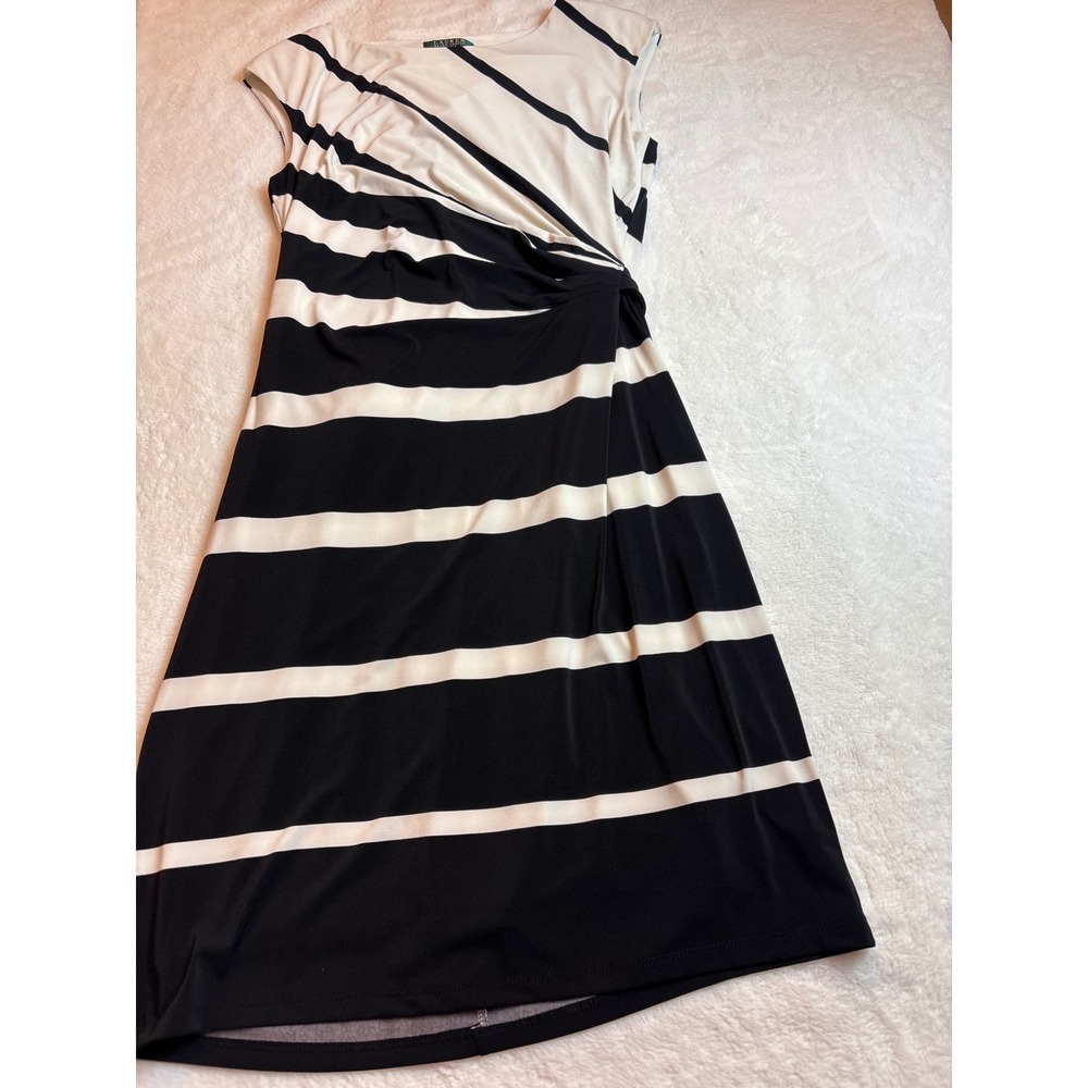 Lauren Ralph Lauren Black White Striped Sheath Dress Sleeveless Boat Neck Sz 14